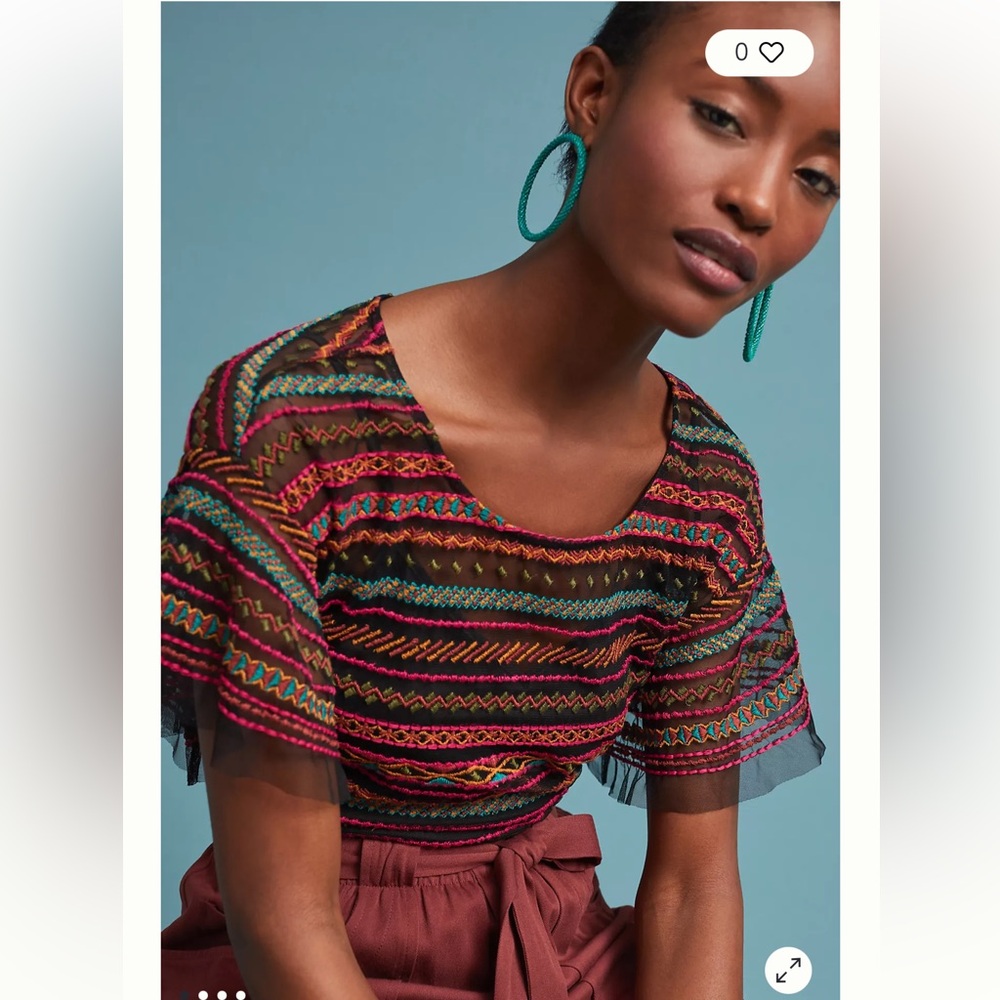 Anthropologie  Maeve Naples Embroidered Mesh Blouse - worn a few times Retail 98